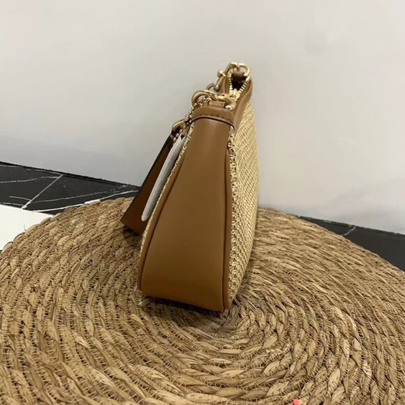 Coach Teri 2way Shoulder Bag Crossbody Straw Smooth Leather Latte Multi CR350 - Picture 2 of 7